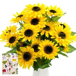 SNAILGARDEN 2 trossen 14 koppen diameter 10,5 cm kunstmatige zonnebloemen, zijde realistische zonnebloem, nep Helianthus bundelboeket met wenskaart voor thuiskantoor tafel arrangem