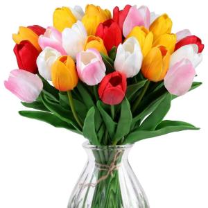 Kunsttulpen van latex, realistische kunsttulpen, boeket voor thuis, bruiloft, feest (wit + sakura-roos + zonsondergang-rood + geel + rood)