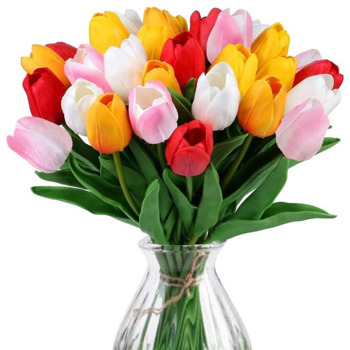 Kunsttulpen van latex, realistische kunsttulpen, boeket voor thuis, bruiloft, feest (wit + sakura-roos + zonsondergang-rood + geel + rood)