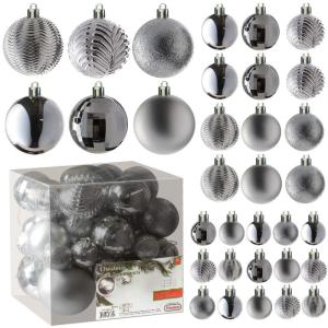 zilveren kerstbalornamenten voor kerstversiering - 36 stuks kerstboom onbreekbare ornamenten met ophanglus voor vakantie- en feestdecoratie (combo van 6 stijlen in 3 maten)