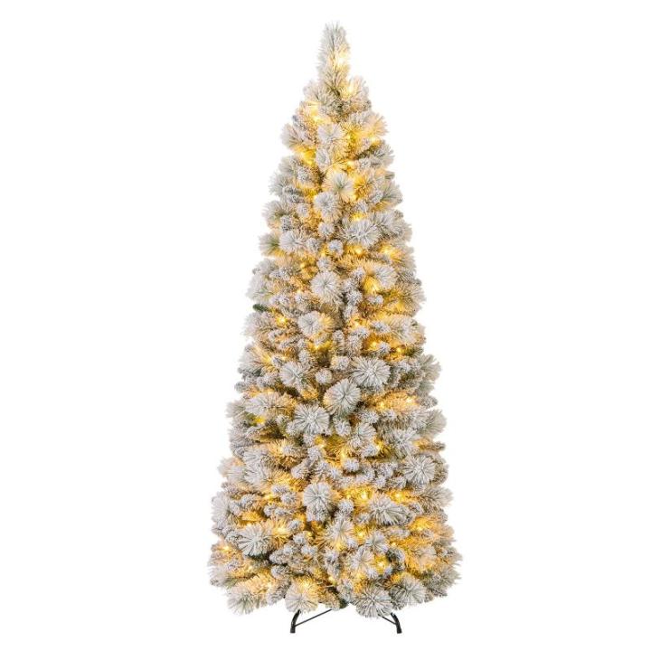 Kunstkerstboom met verlichting, 180 cm, pop-up dennenboom met 170 warmwitte ledlampen en 517 takuiteinden, gevlokte kerstboom, kunstboom voor thuis, bedrijf en kantoor