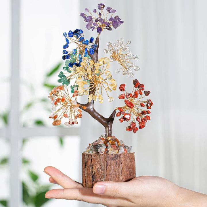 Chakra stenen kristallen boom kristallen edelstenen boom decoratie steen grote levensboom geldboom kristal geluksbrenger boom houten sokkel spirituele geschenken veel geluk