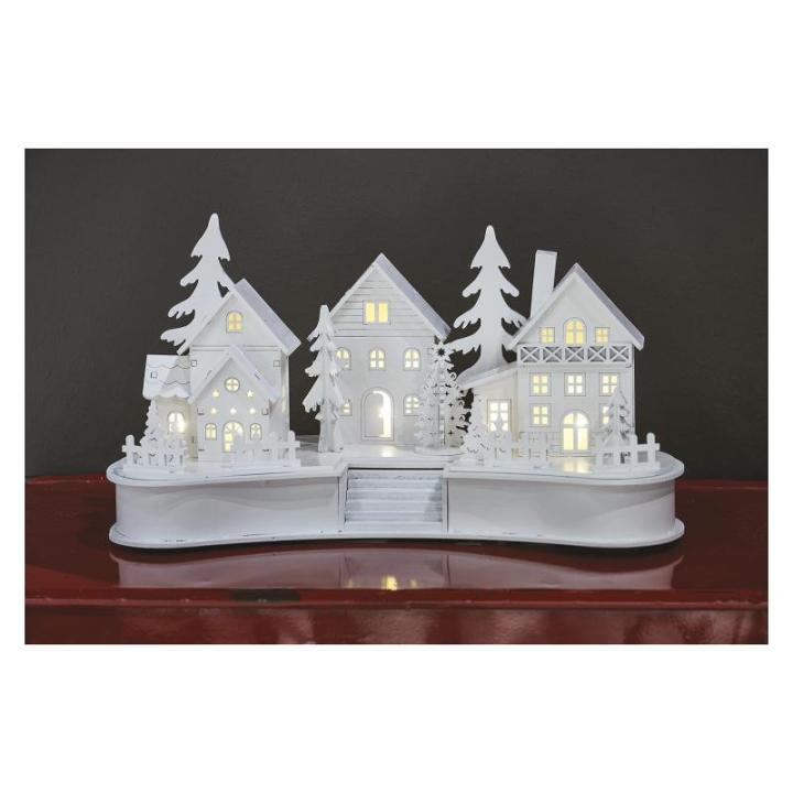 DCWW21 Lichtgevend kerstdorp van hout, 6 leds, warm wit licht, kerstdecoratie, winterdorp op batterijen (2 x AA), IP20 binnen, 6/18 uur timerfunctie, levensduur 10.000 uur