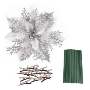 Künstliche Weihnachtsblumen, 24 Stück, Weihnachtsbaum-Blumen mit Clips, Weihnachtsbaumschmuck, künstliche Blumenornamente für Winter, Hochzeit, Party, Kranz, Dekoration (weiß)