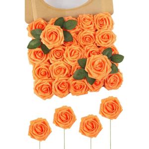 Kunstbloemen, 25 stuks, kunstrozen, bloemen met stengels, echte touch, kunstschuim, rozen voor bruiloft, boeketten, feest, kantoor, babyshower, woondecoratie, oranje