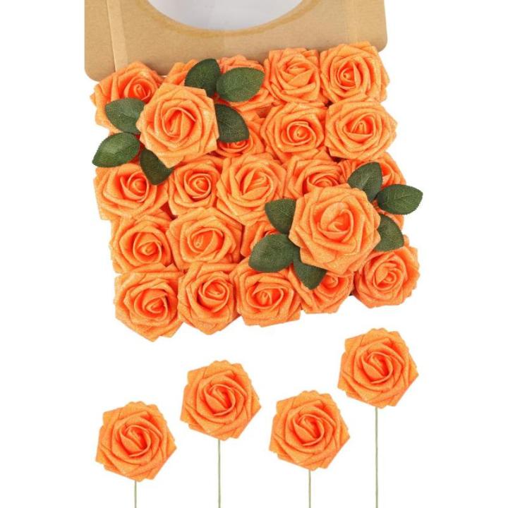 Kunstbloemen, 25 stuks, kunstrozen, bloemen met stengels, echte touch, kunstschuim, rozen voor bruiloft, boeketten, feest, kantoor, babyshower, woondecoratie, oranje