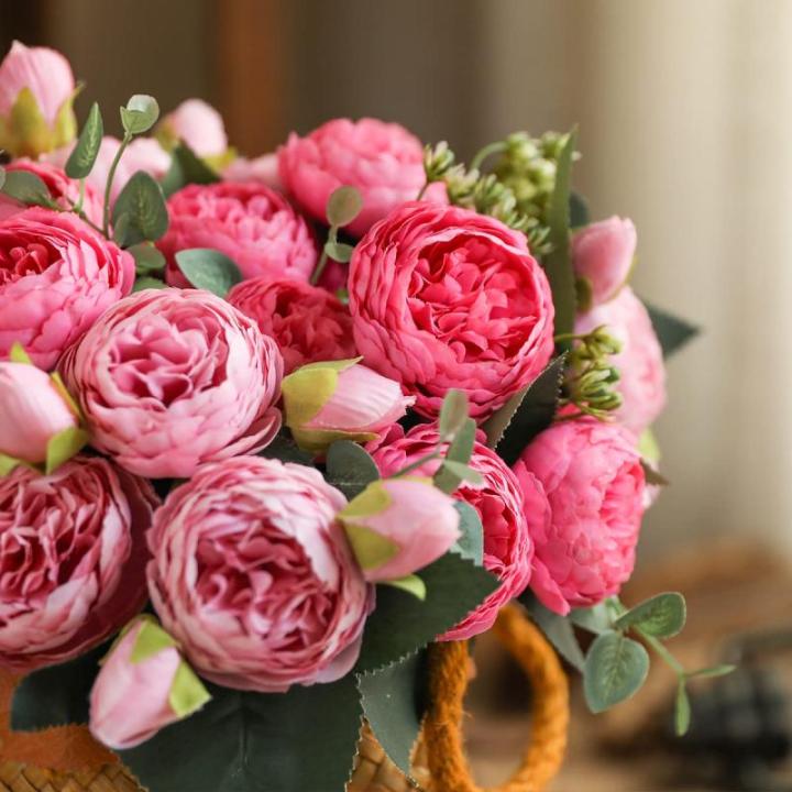 4 bossen kunstmatige bloemen pioen zijde pioenrozen boeketten nep bloemen boeketten bruiloft decoratie thuis tafel keuken kantoor tuin bruids groen (diep roze)