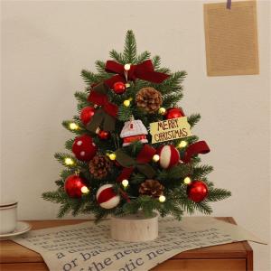 Mini-kerstboom, kerstboomversiering, kleine verlicht, met kerstversiering en houten sokkel voor kerstvakantie, feest, thuiskantoor, decoratie (rode set, 45 cm)