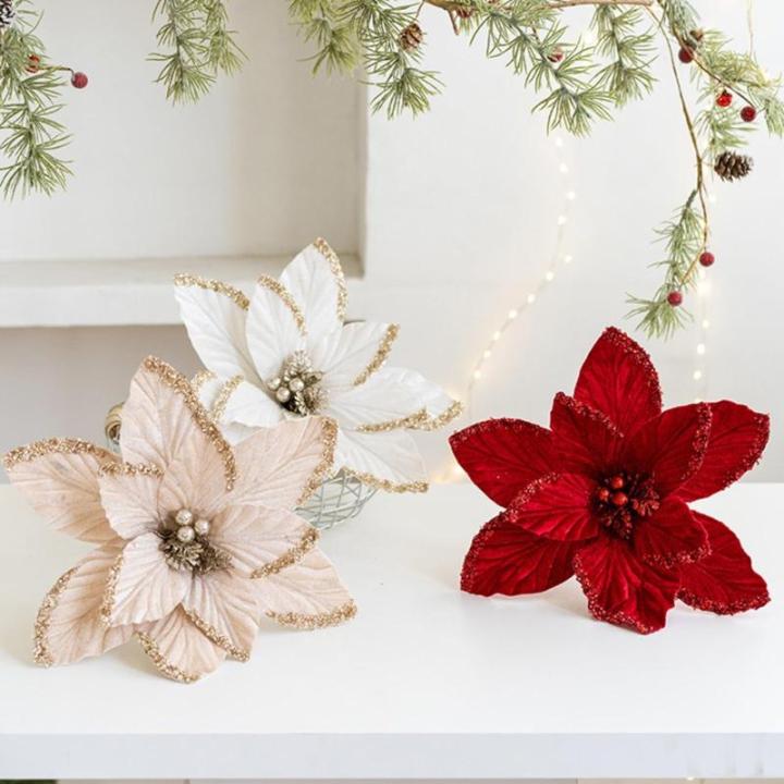 30 cm Weihnachtsblumen, weihnachtliche Glitzer-Weihnachtssterne, Weihnachtsbaumschmuck-Anhänger, handgefertigte Weihnachtsdekoration, künstliche Blumen(Cremeweiß)