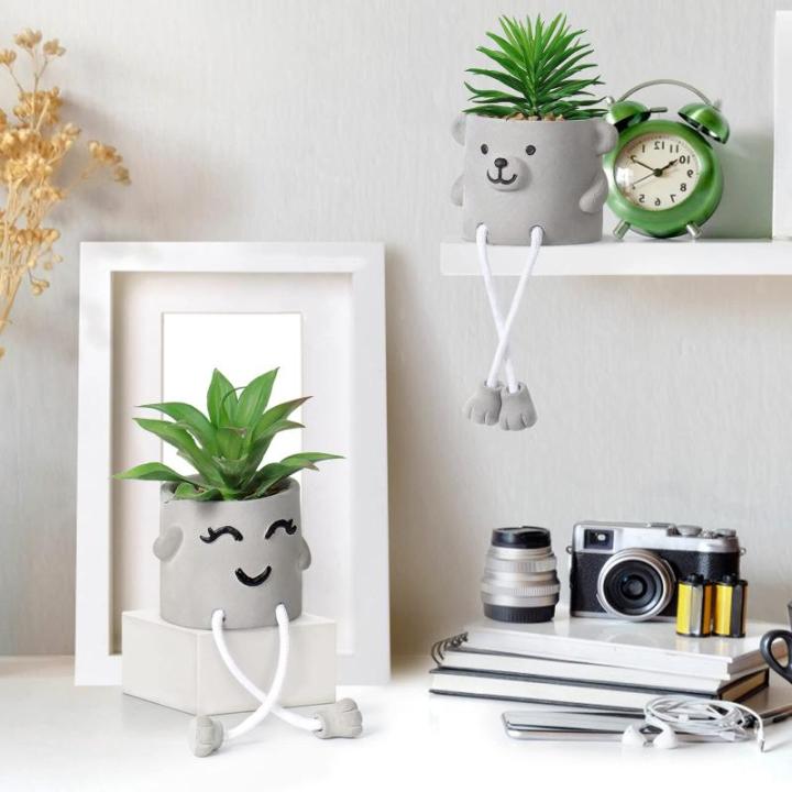 Set van 2 in pot, mini-kunstplant nepvetplanten met hangende poten, emotioneel cement potplant faux decoratieve plant voor thuis, kantoor, tafeldecoratie boekenkast
