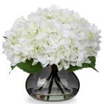 Kunsthortensia bloemen in vaas met 4 hoofden, echte aanraking, nephortensia, bloem in glazen vaas met faux water, zijde, wit, kunstbloemstuk voor thuis, badkamer, bruiloftsdecorati