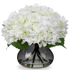 Kunsthortensia bloemen in vaas met 4 hoofden, echte aanraking, nephortensia, bloem in glazen vaas met faux water, zijde, wit, kunstbloemstuk voor thuis, badkamer, bruiloftsdecorati
