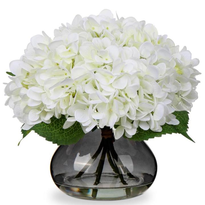 Kunsthortensia bloemen in vaas met 4 hoofden, echte aanraking, nephortensia, bloem in glazen vaas met faux water, zijde, wit, kunstbloemstuk voor thuis, badkamer, bruiloftsdecorati
