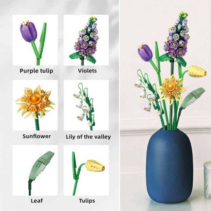 Kunstbloemen, bouwset, bloemen, planten, boeket, namaakbloemen voor decoraties, decoratie, bloemen, rozen, volwassenen, als cadeau, doe-het-zelf geschenken, baksteenbloemen (paars 