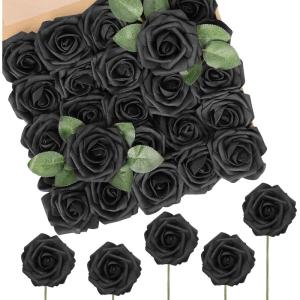 Kunstbloemen, rozen, 25 stuks, kunstrozen met stelen voor Valentijnsdag, Moederdag, bruiloftsfeest, babyshower, bruidsfeest, woondecoratie, zwart