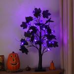 Halloween decoratie voor binnen, zwart esdoornblad, boomverlichting met 24 leds, Halloween-decoratie, griezelige lichtboom met led-spinnenlicht, berkenboom met timer voor Halloween