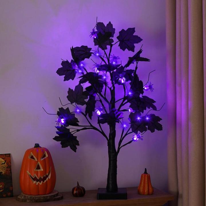 Halloween decoratie voor binnen, zwart esdoornblad, boomverlichting met 24 leds, Halloween-decoratie, griezelige lichtboom met led-spinnenlicht, berkenboom met timer voor Halloween