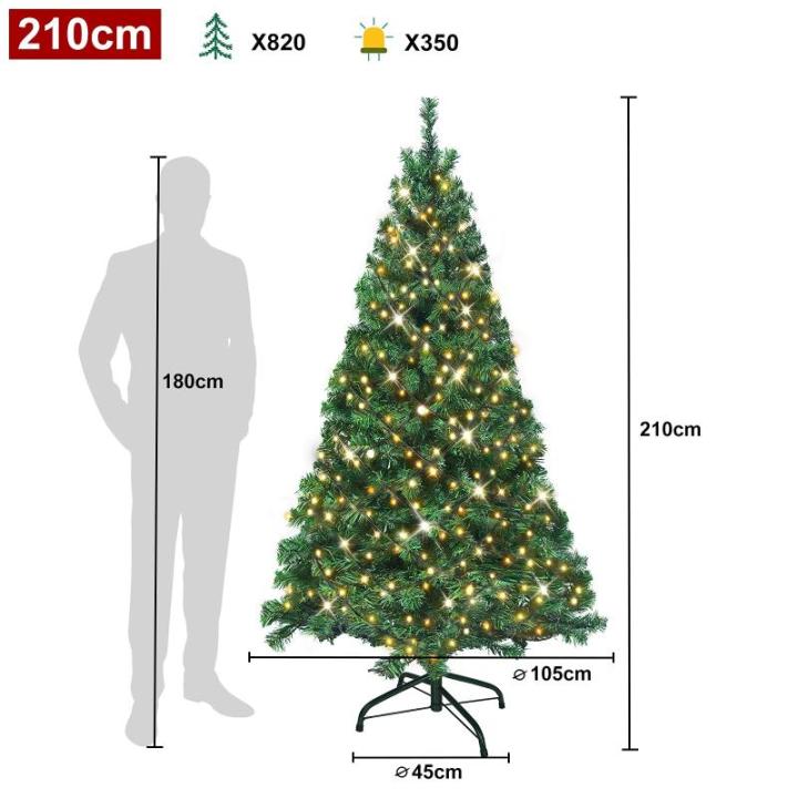 Kunstkerstboom met verlichting, 210 cm, pvc, kunstkerstboom met 350 leds en standaard, kunstkerstdecoratie, groen