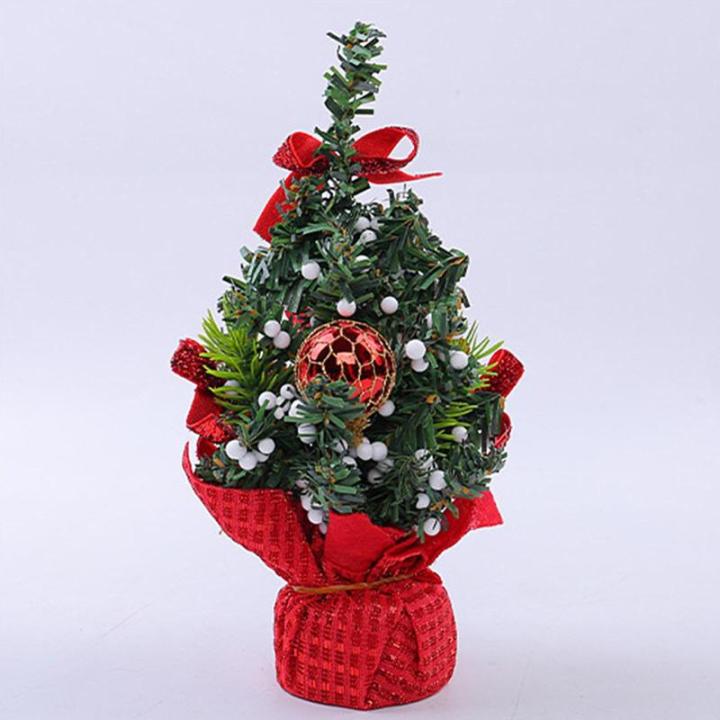 20 cm kleine kerstboom, kunsttafelkerstboom, miniatuurdennenboom met rode strikballen en bessen, tafelblad dennenboom voor kerstdecoratie