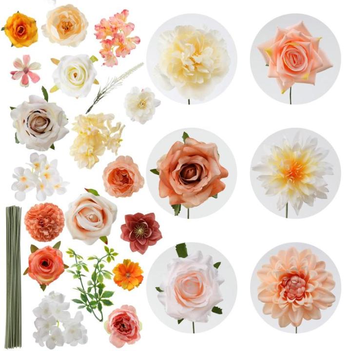 Künstliche Blumen Combo Champagner Blumen Mix Seide Blumen Dahlie Rosen mit Stielen für DIY Hochzeit Brautsträuße, Babyparty, Blumenarrangement, Tischaufsätze, Heimdekoratione
