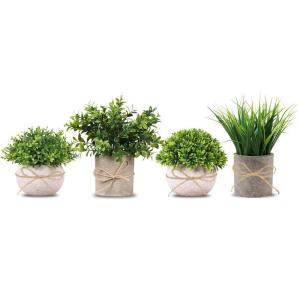 Set van 4 , met potten, decoratieve planten, mini-, plastic, nepplanten met jute koord voor kantoor, balkon, decoratie, boeken, slaapkamer, badkamer, vensterbank