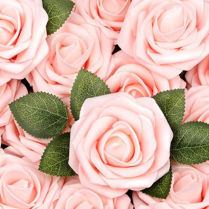 50Pcs künstliche Rosenblüten, erröten rosa Rosen Real Touch Foam gefälschte Rose Bulk mit Stiel für Hochzeitssträuße Mittelstücke Brautdusche Party Home DIY künstliche Blu