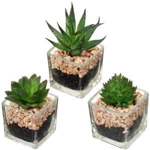 Kunstplant kunstmatige vetplant kamerplant decoratieve woonkamer, badkamer decoratieve plant vetplant, hoogte 10,5 cm, in glazen pot, set van 3