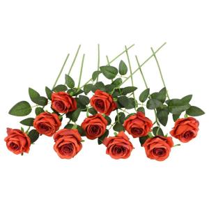 10 stuks kunstmatige rozenbruine bloemen, realistisch boeket, neprozen met enkele steel voor thuis, feest, bruiloft, boeket (verbrand oranje)