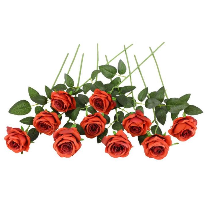 10 stuks kunstmatige rozenbruine bloemen, realistisch boeket, neprozen met enkele steel voor thuis, feest, bruiloft, boeket (verbrand oranje)