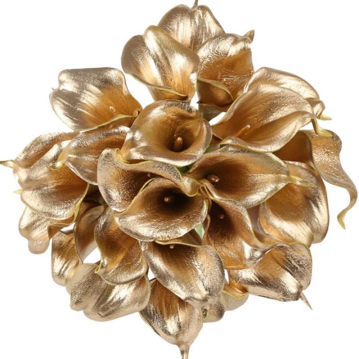 Goldblumen, 24 Stück goldene Calla-Lilien, künstliche Blumen zur Dekoration für selbstgemachte Hochzeitssträuße, Tafelaufsätze, Brautparty, Party, Zuhause, Blumenarrangement,