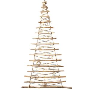 Handgemaakte kerstboom met decoraties, 195 cm met led 230 V, van hazelnoothout, decoratieve hanger, houten platen verbonden met een jute touw met een dikte van 6 mm