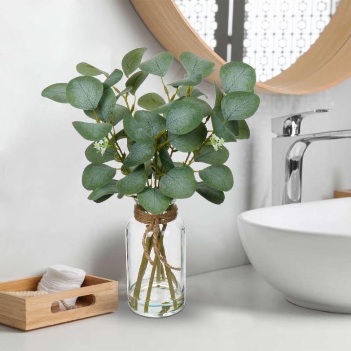 35 cm kunstmatige eucalyptus-takken met glazen vaas, eucalyptus-kunststof, plant, eucalyptus, , realistische eucalyptus, decoratie, zilverdollar voor bruiloft, tafeldecoratie kanto