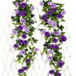 2 stuks 240 cm lange tweekleurige kunstrozenslinger-ranken, hangende zijden bloemen, voor buiten- en binnen, bruiloft- en muurdecoratie (paars)
