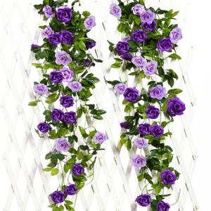 2 stuks 240 cm lange tweekleurige kunstrozenslinger-ranken, hangende zijden bloemen, voor buiten- en binnen, bruiloft- en muurdecoratie (paars)
