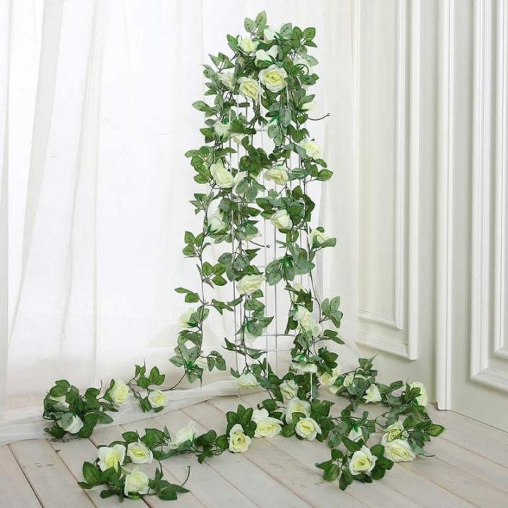 guirlande met kunstrozen, 2 stuks, 220 cm, hangende bloemen van zijde voor outdoor, indoor, bruiloft, badkamer en wanddecoratie (wit)