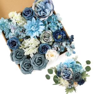 Stoffig Blauw Zijde Kunstrozen Combo Pioenroos Bloem voor DIY Bruiloft Bruids Boeket Party Woondecoraties (Stoffig Blauw)