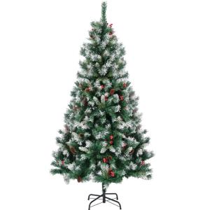 Kunstkerstboom, 180 cm, met sneeuwvlokte kerstboom met dennenappels en rode bessen, metalen voet en eenvoudige opbouw voor feestdagdecoratie. (180 cm Pinecone en rode bessen)