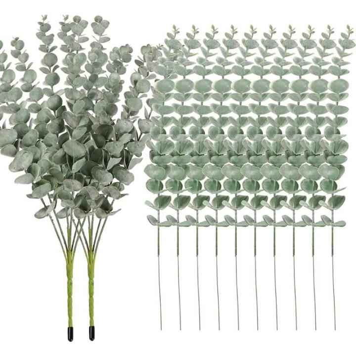 24 stuks eucalyptus kunstmatige, donkergroene kunstmatige eucalyptusplant, bladeren, decoratie, zilveren dollar voor bruiloftsfeesten, feesten, thuis, tafeldecoratie, bloemenarrang