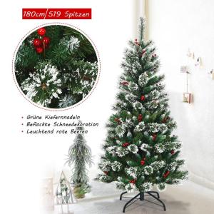 150/180/210/240 cm kunstkerstboom met rode bessen, sneeuwbedekte dennenboom met metalen standaard, pvc- en dennennaalden, kunstboom, kerstklapsysteem (150 cm)