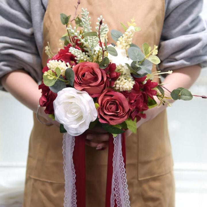Künstlicher roter Rosen-Blumenstrauß mit Spitzenband, Blätter, Simulationsstrauß für Valentinstag, Hochzeit, Braut, Requisiten, Geschenk