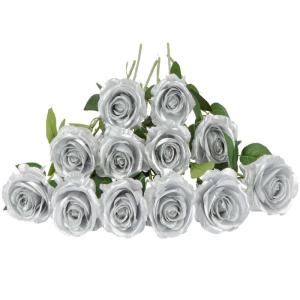 12 stuks Kunstmatige Rozen, 53cm Kunstrozen Enkele Lange Steel , Realistische voor Bruiloftsboeket, Thuis Tuin Woonkamer Hotel Kantoor Decoratie (Zilver)