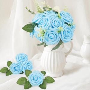 Kunstbloemen, rozen, 25 stuks, Real Touch, kunstrozen met stammen, doe-het-zelf voor bruiloft, bruidsboeketten, Valentijnsdag, Moederdag, babyshower, woondecoratie (lichtblauw)