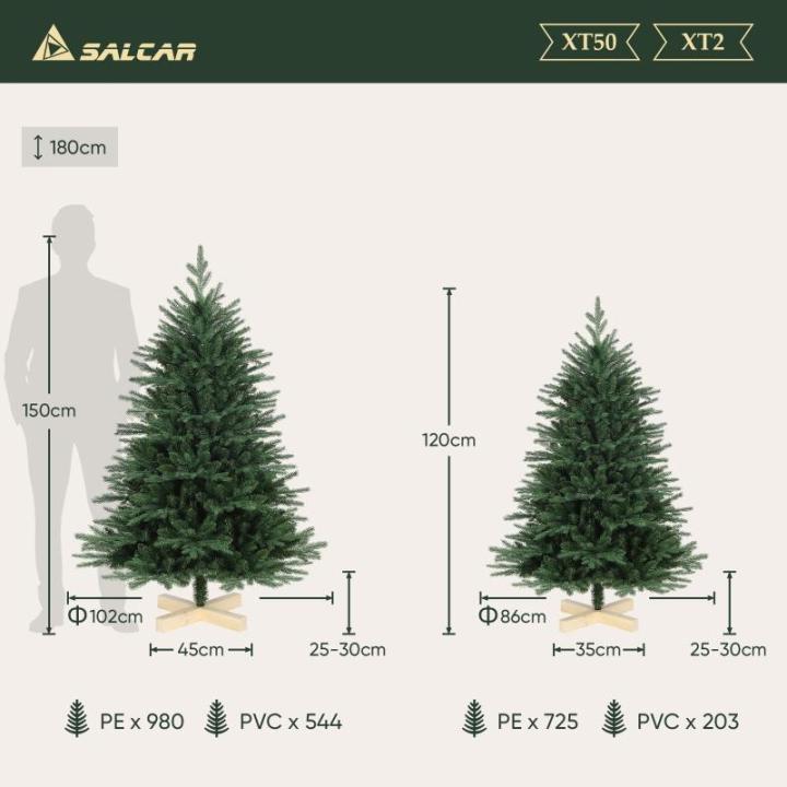 Kunstkerstboom, 120 cm met houten standaard, PE natuurgetrouwe spuitgietelementen en pvc, Nordmann-spar, kunstkerstboom van 1,2 m (Ø 86 cm)