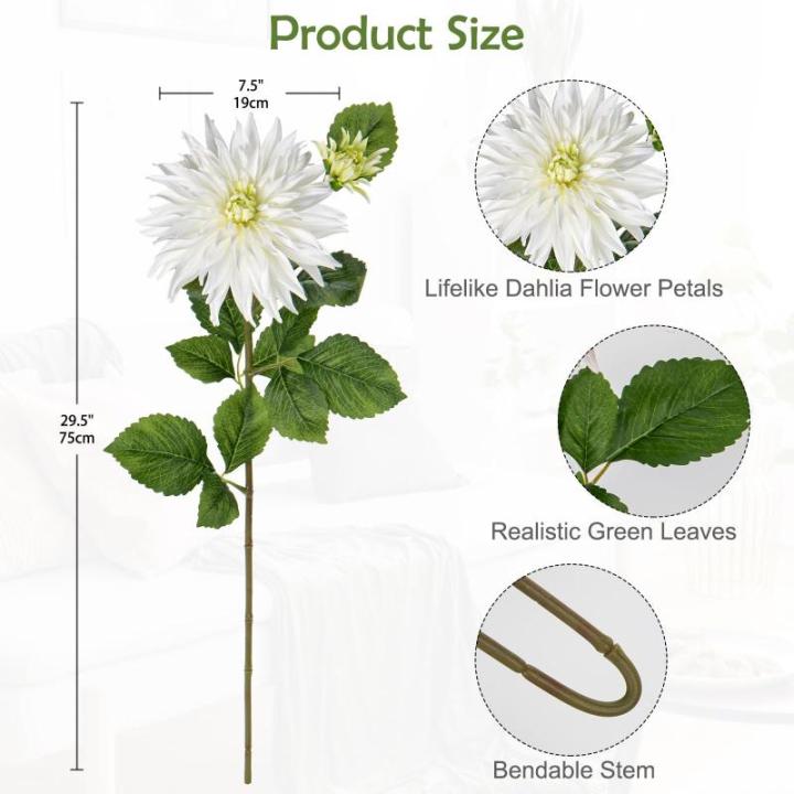 3 stuks witte kunstmatige dahlia's, 75 cm kunstzijden bloemen met lange steel voor bloemstukken, faux dahlia's bloemen voor doe-het-zelf bruiloft party middenstuk huis kantoor deco