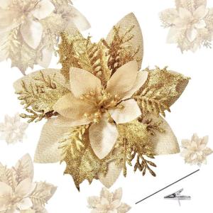 15 Stuks 14 CM Kerst Kunstkerstster Bloemen Glitter met Clips Stengels Kerstboom Ornamenten voor Krans Feest Bruiloft Nieuwjaar Decoratie (Goud)