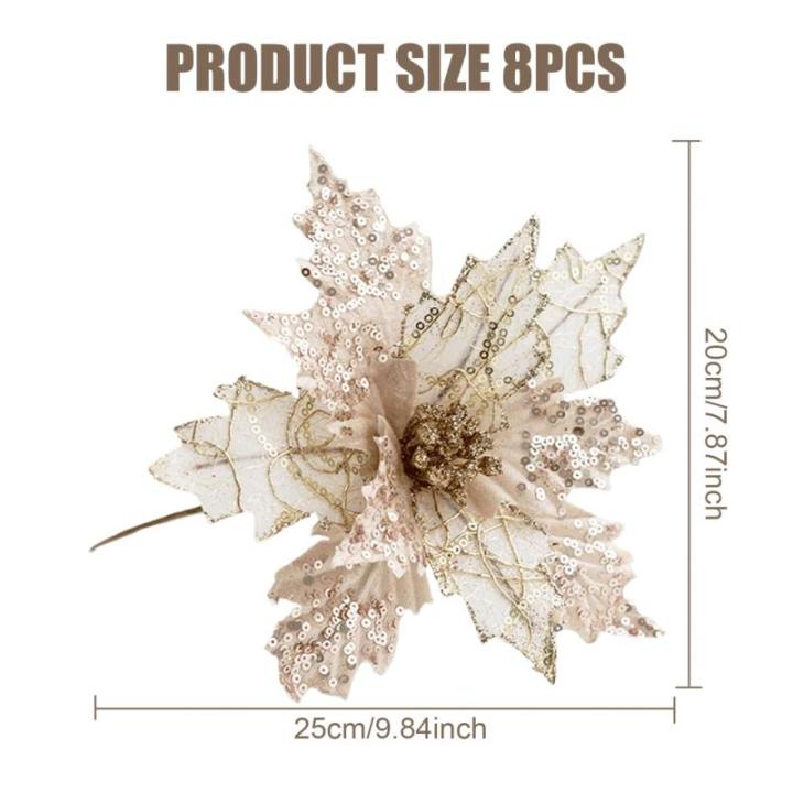 Poinsettia Blumen künstlich 8pcs 8x10in realistische Weihnachtsblumen mit Pailletten & Textur Stoff Poinettias Künstliche Weihnachtsblumen, Champagner, Poinsettias Künstliche We