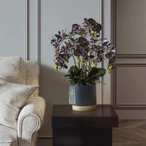 Kunstblumen Künstliche Blumen für den Innenbereich, dunkelviolette Phalaenopsis-Blumen, Bonsai-Simulationsgrünpflanze in Einer Eisenvase für jeden Anlass