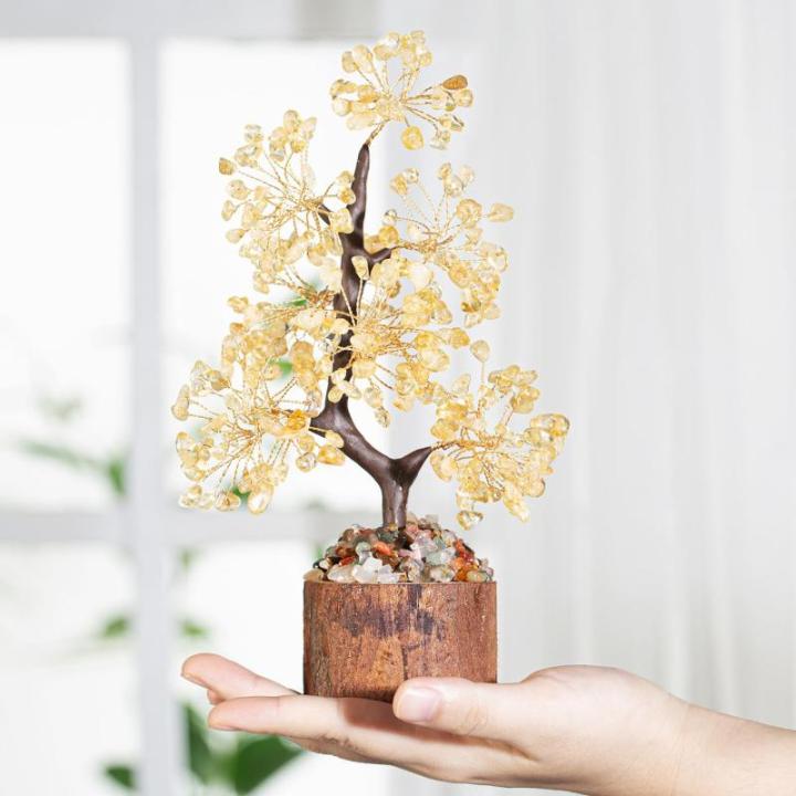 Kristallen Citrien Boom Edelstenen Kristal Boom Decoratie Steen Grote Levensboom Geldboom Kristal Geluksbrenger Boom Houten sokkel Esoterische Geschenken veel geluk