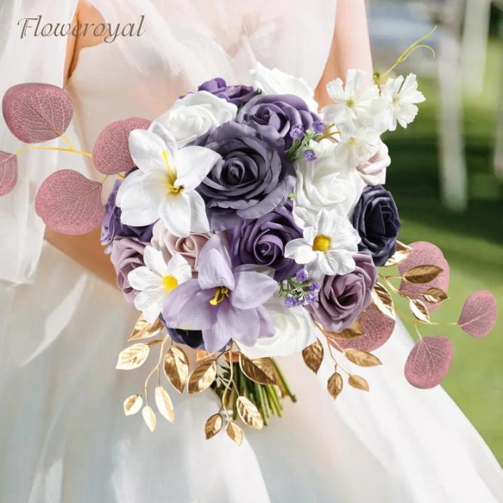 Kunstbloemen combo paarse bloemen mix zijden bloemen kunstrozen met stelen voor bruiloft bruidsboeketten, tafeldecoratie, babyshower, bloemstuk, woondecoraties