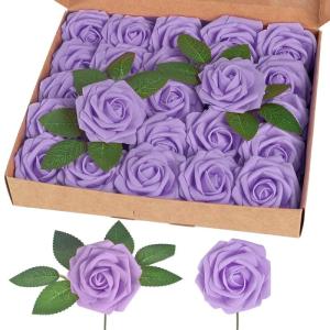 Kunstroos, van schuim met stengel voor thuisdecoratie, bruidsboeketten, feesten, tafelversiering, jubilea, 25 stuks, lila